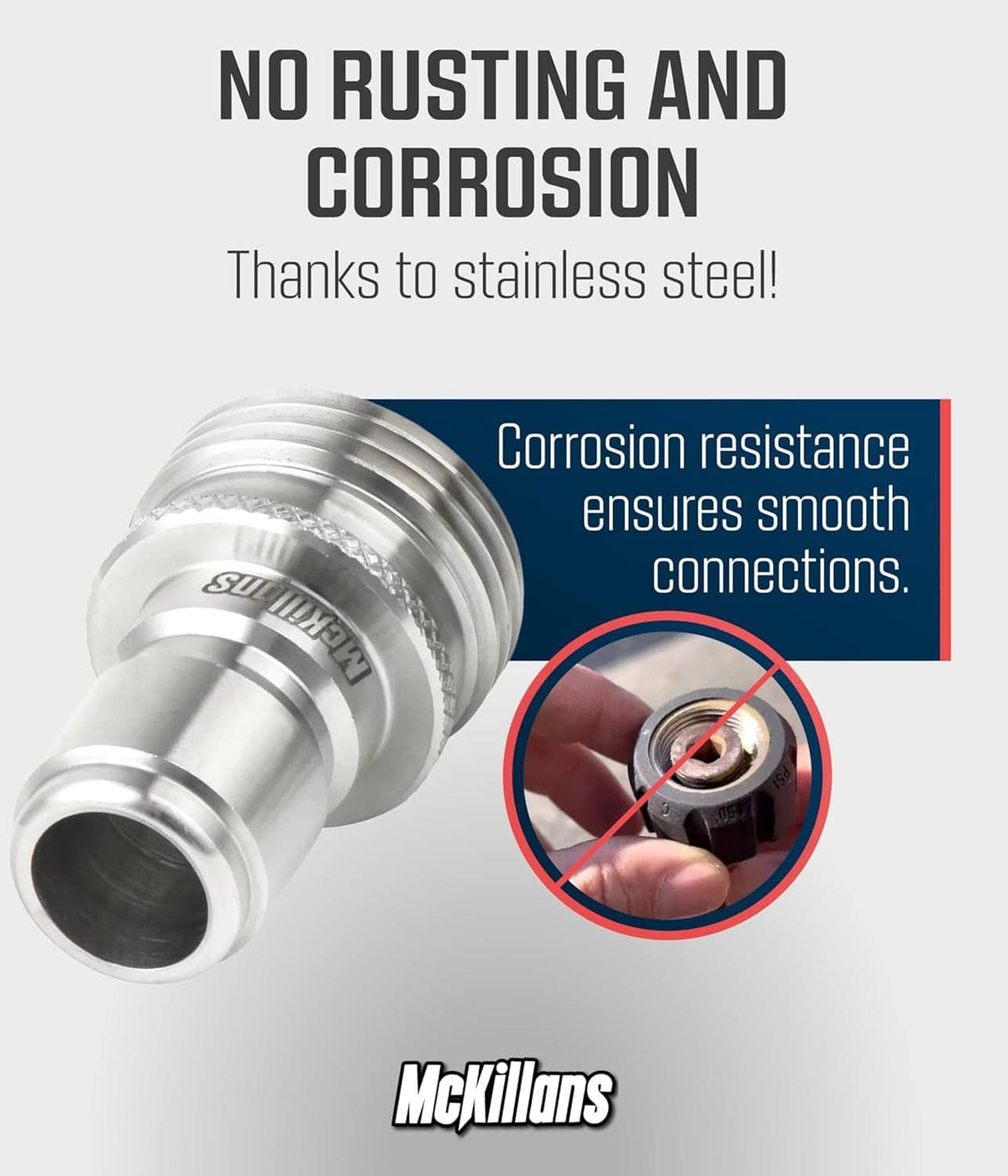 Stainless steel quick-connect coupler with threaded male end and green interior seal
