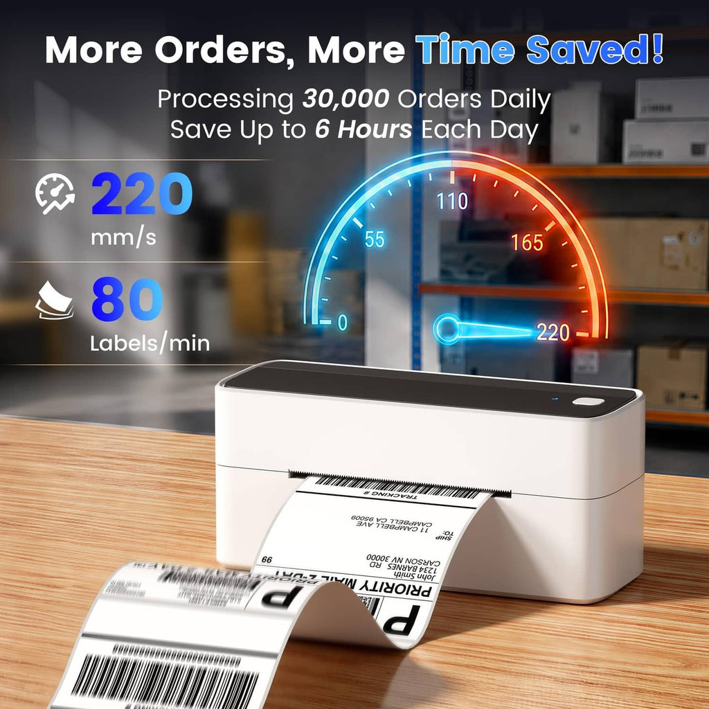 Front view of white wireless shipping label printer printing a strip label on desk