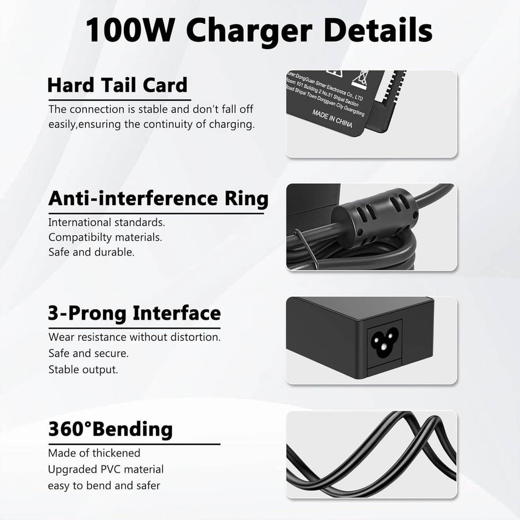 100W charger details: three-prong plug, anti-interference ring, and cable