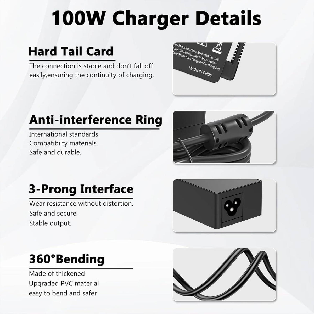 100W charger details: three-prong plug, anti-interference ring, and cable