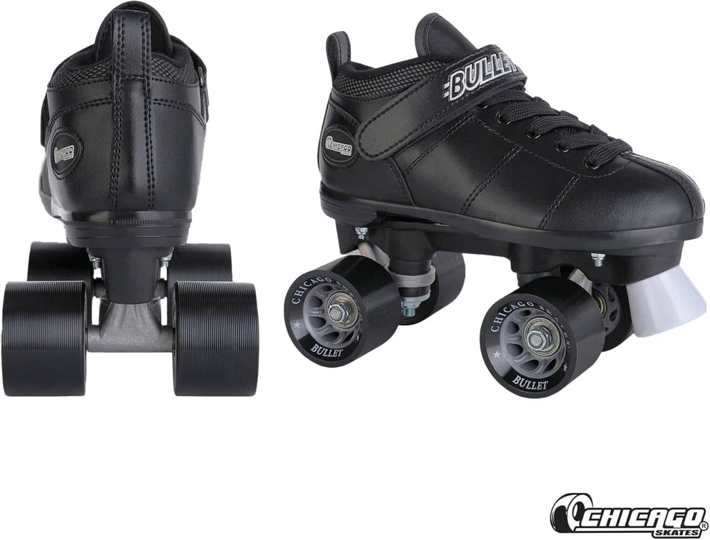 Black quad roller skates with lace-up boots, showing side and wheel view