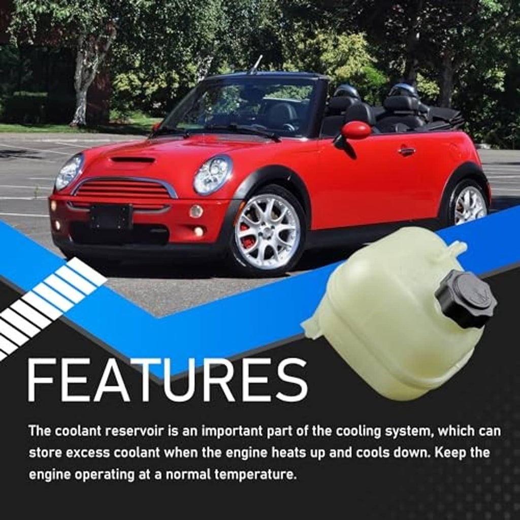 Engine coolant overflow reservoir tank with cap, translucent pale green, angled front