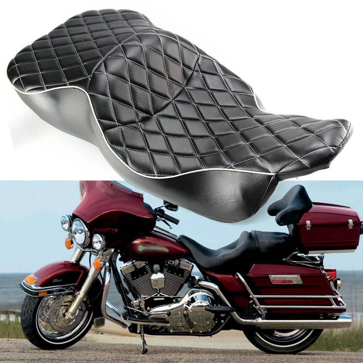 Black motorcycle seat with silver piping and quilted diamond pattern, contoured shape