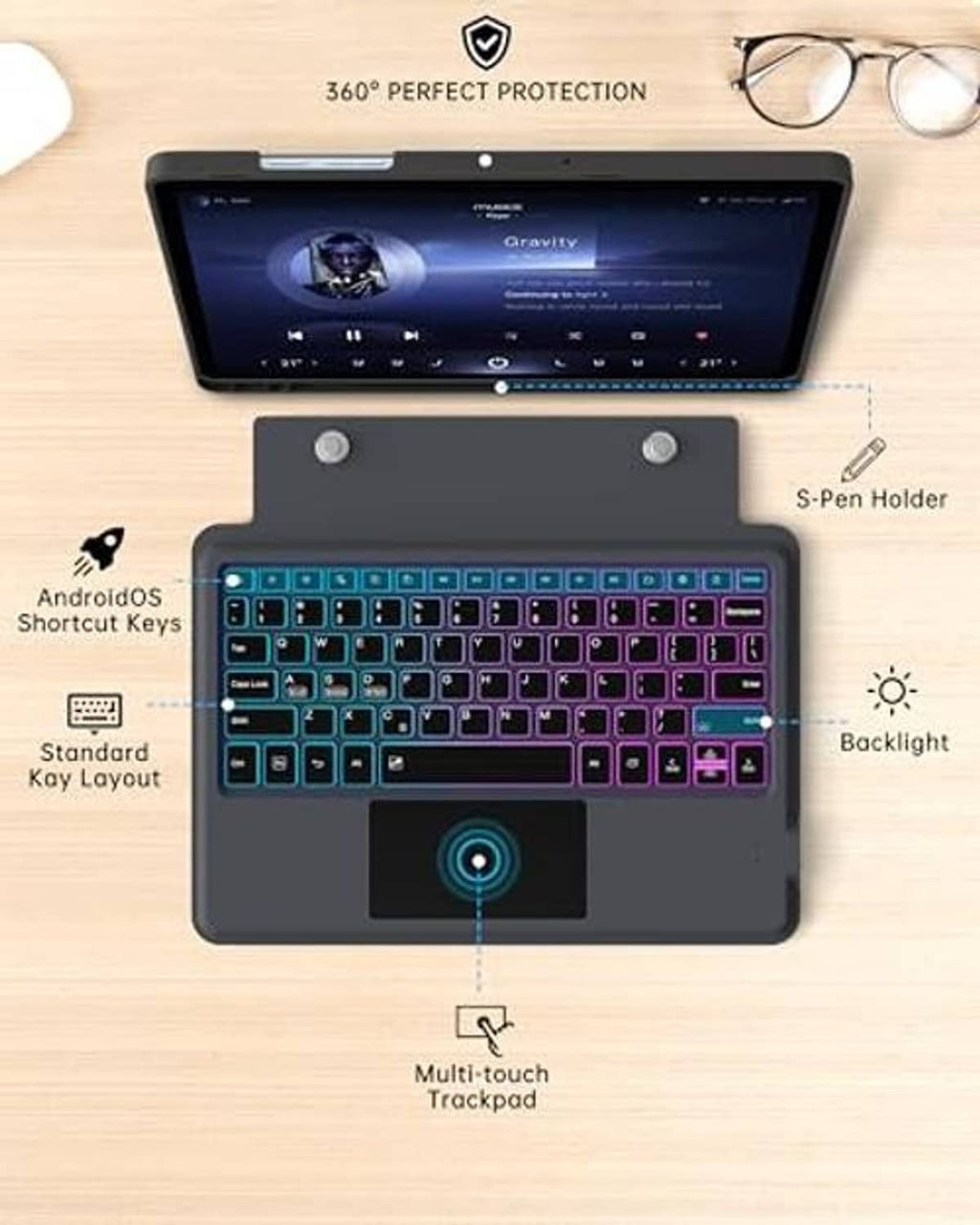 Detachable tablet keyboard case with rainbow keys, trackpad, and S Pen holder