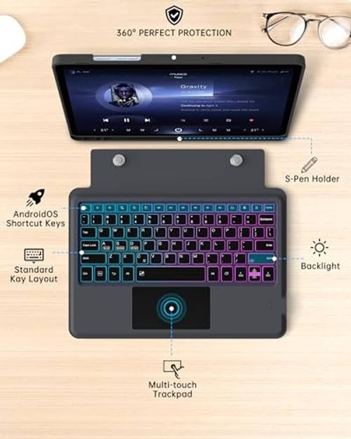 Detachable tablet keyboard case with rainbow keys, trackpad, and S Pen holder