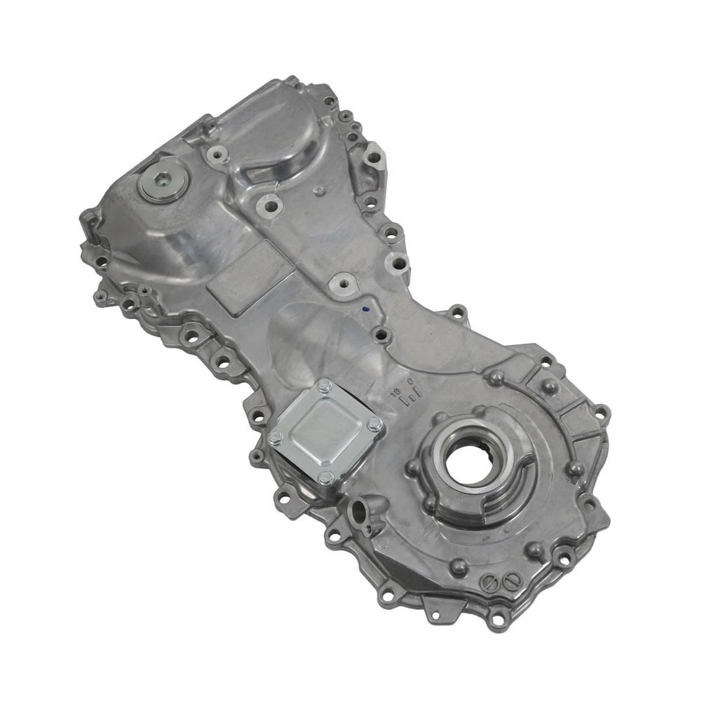 Oil pump housing assembly with round inlet and reinforced cast body, metal finish