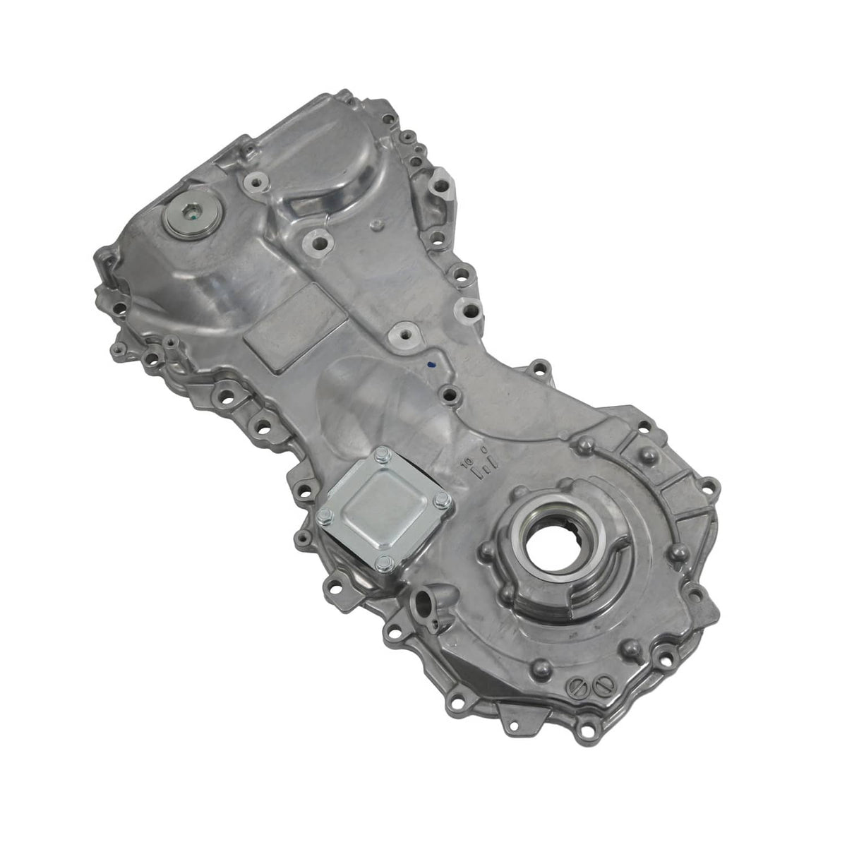 Oil pump housing assembly with round inlet and reinforced cast body, metal finish