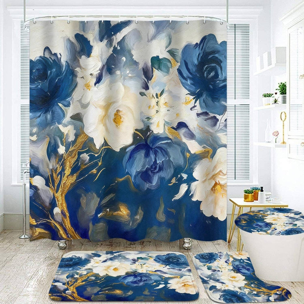 Blue floral shower curtain with matching bath rugs and toilet lid cover