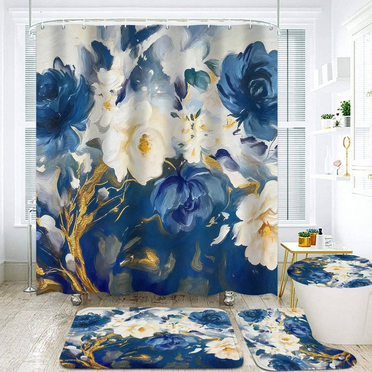 Blue floral shower curtain with matching bath rugs and toilet lid cover