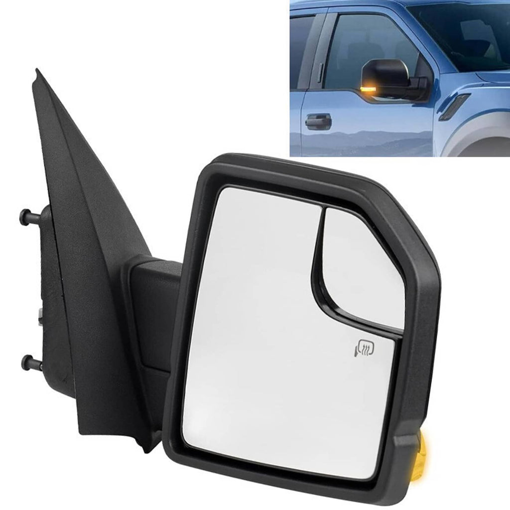 Passenger side door mirror with black housing and heated glass icon on mirror