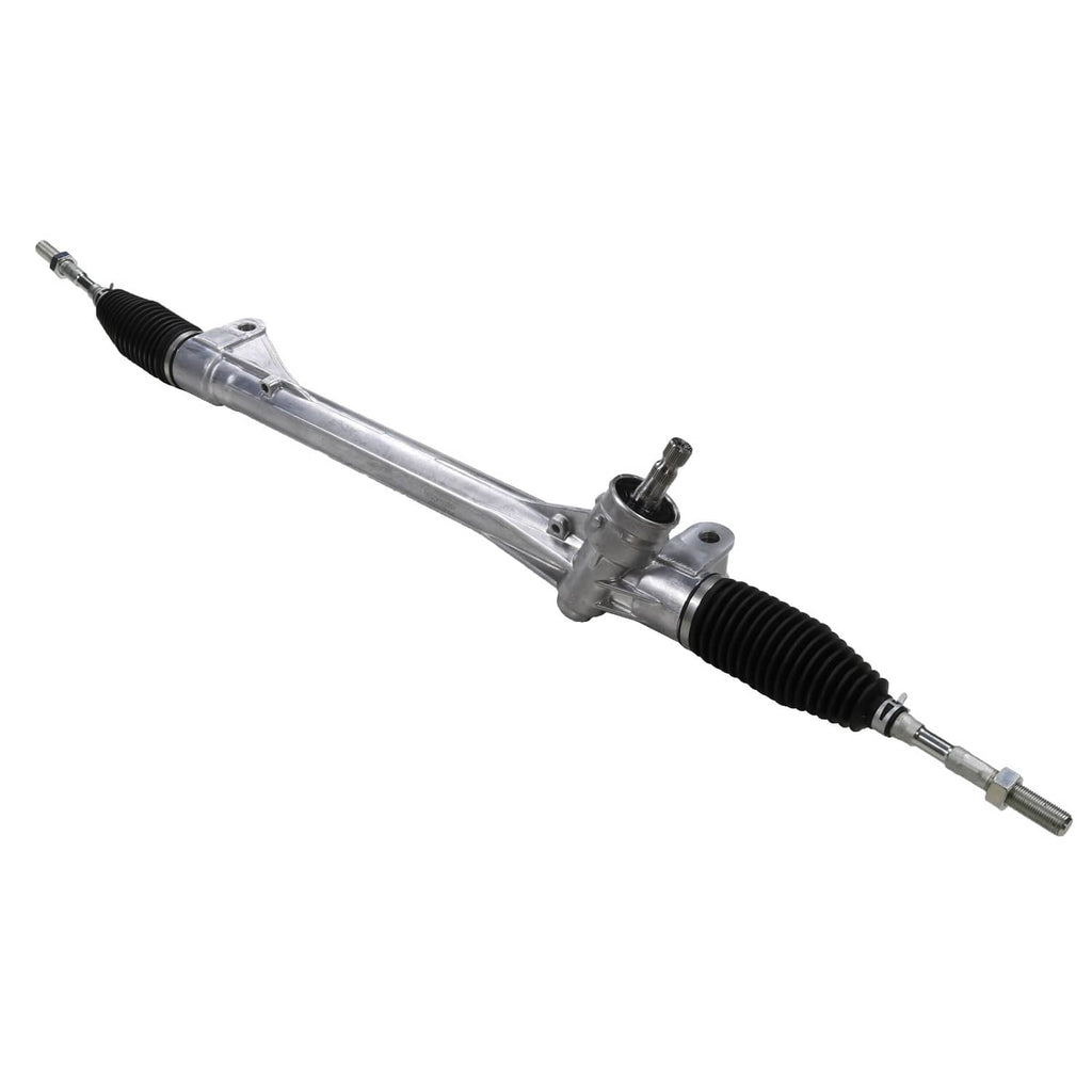 Power steering rack and pinion with metal housing and black accordion boots.