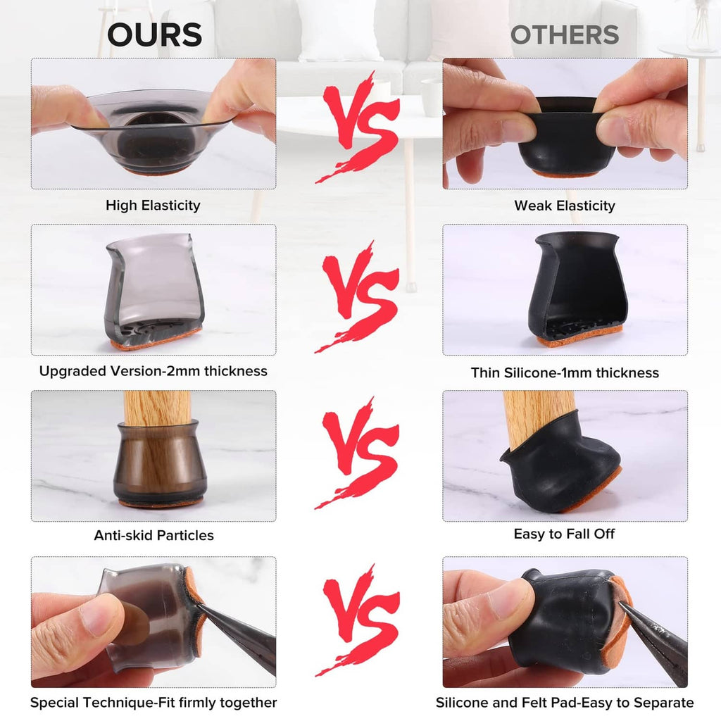 Black silicone chair leg cap held in hand, flexible fit for chair legs