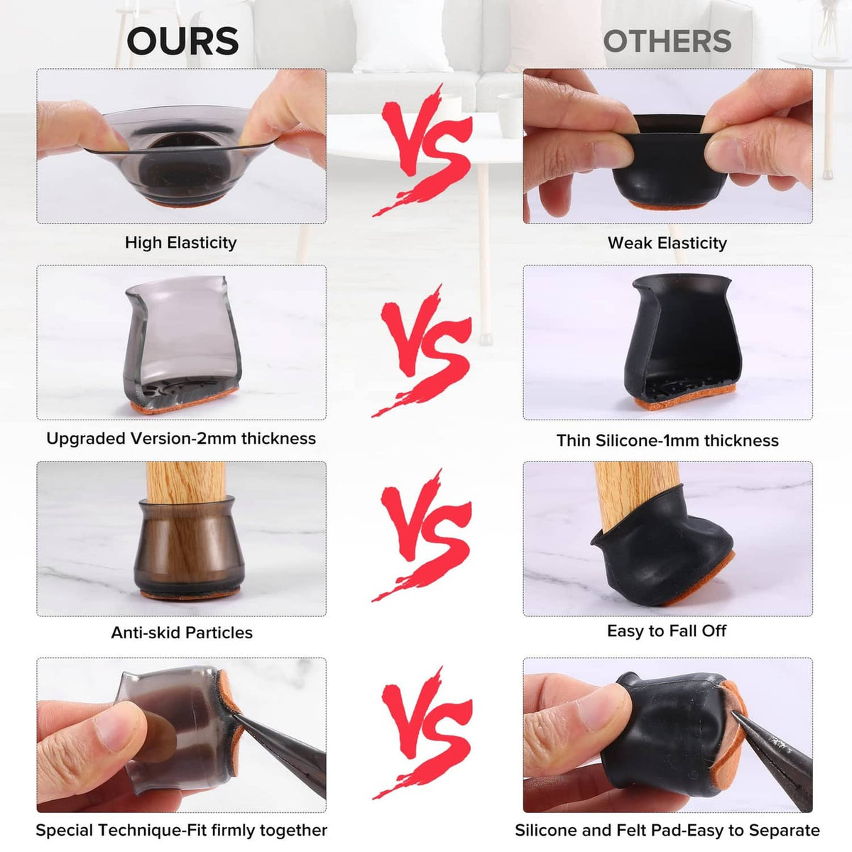 Black silicone chair leg cap held in hand, flexible fit for chair legs
