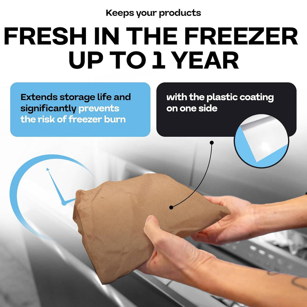 Brown freezer paper wrapped around a food package on a freezer tray