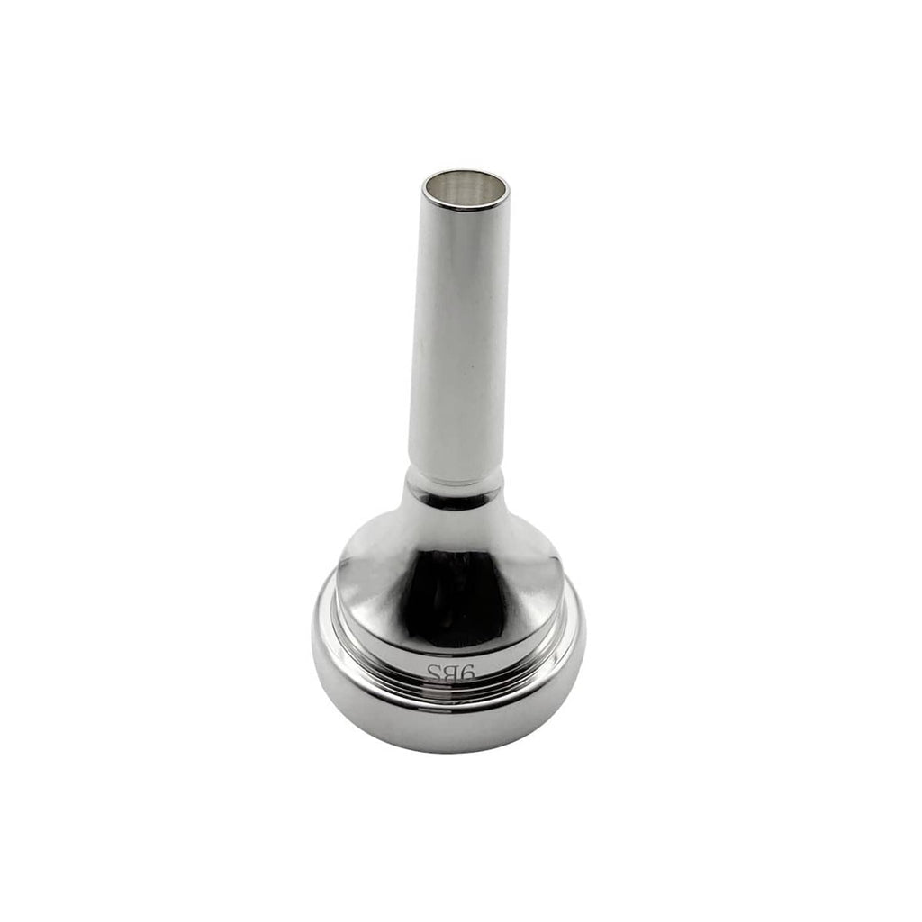 Silver-plated trombone mouthpiece shank end view with engraved 9BS