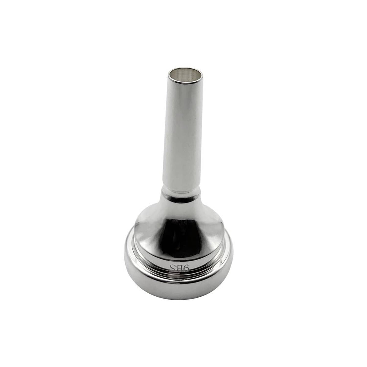Silver-plated trombone mouthpiece shank end view with engraved 9BS