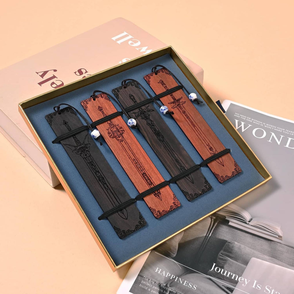 Sword bookmark gift set in open box, four bookmarks with black cords and bead charms