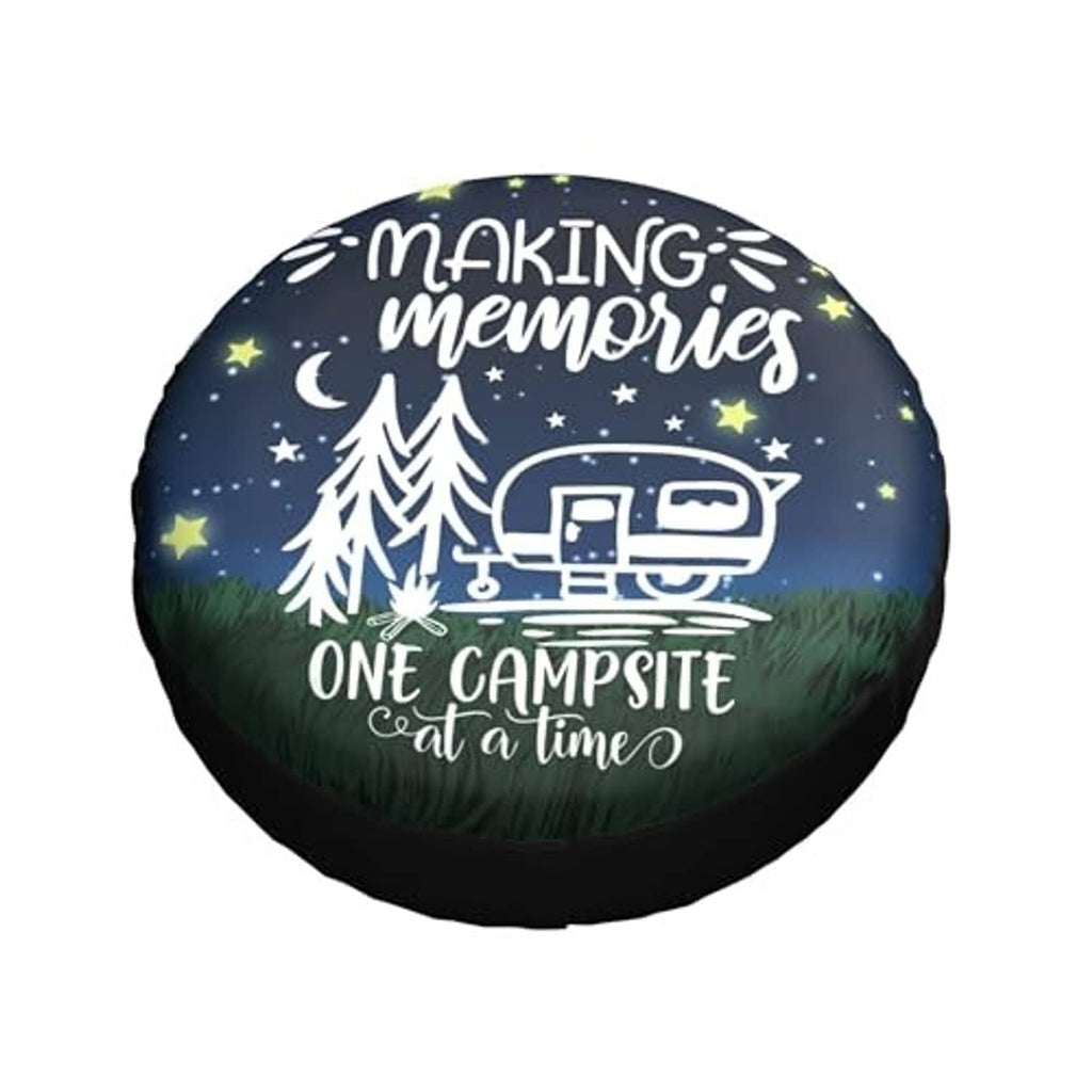 Round spare tire cover with blue night sky pattern, white trees, and camper icon