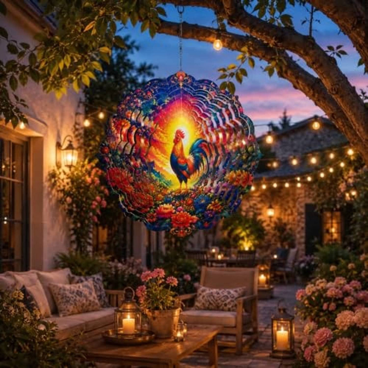 Rooster wind spinner hanging above patio, floral border and rainbow detail