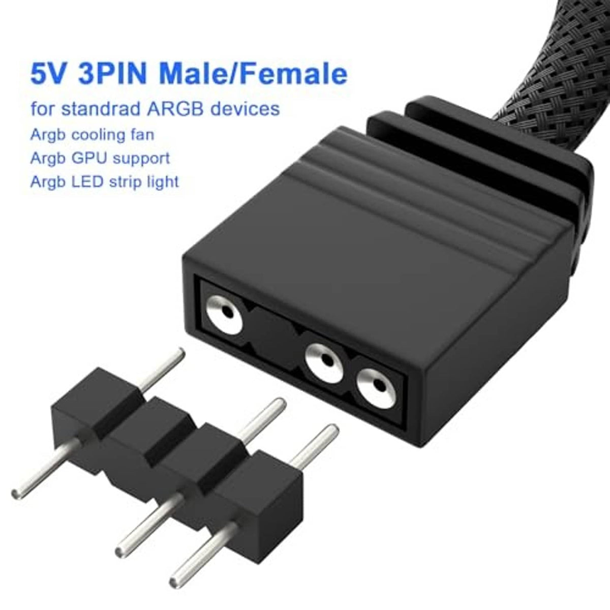 Black ARGB inline adapter with 5V 3-pin male and female plugs