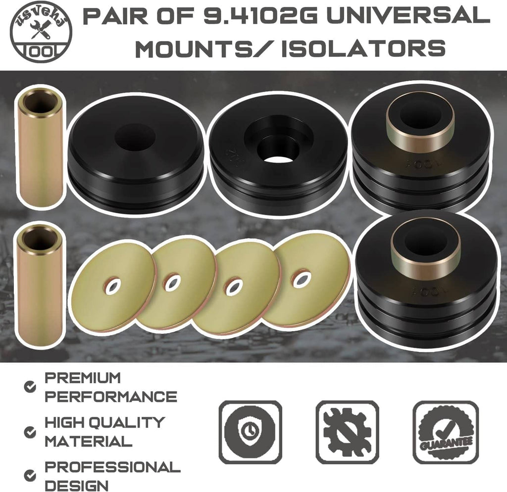 Universal mounts and isolators set: black isolators, gold sleeves, and gold washer plates