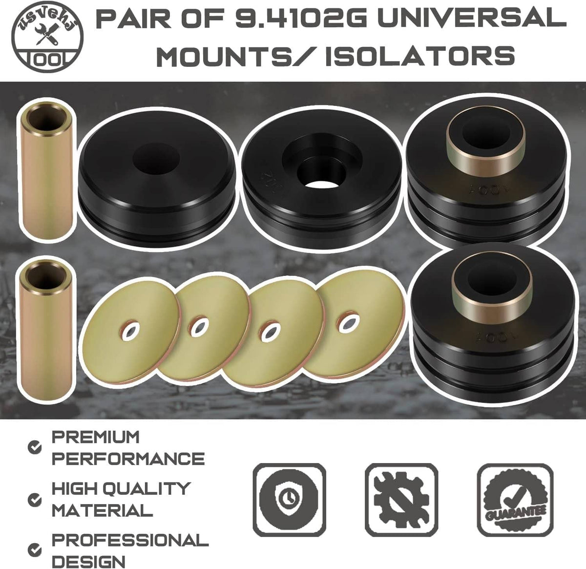 Universal mounts and isolators set: black isolators, gold sleeves, and gold washer plates