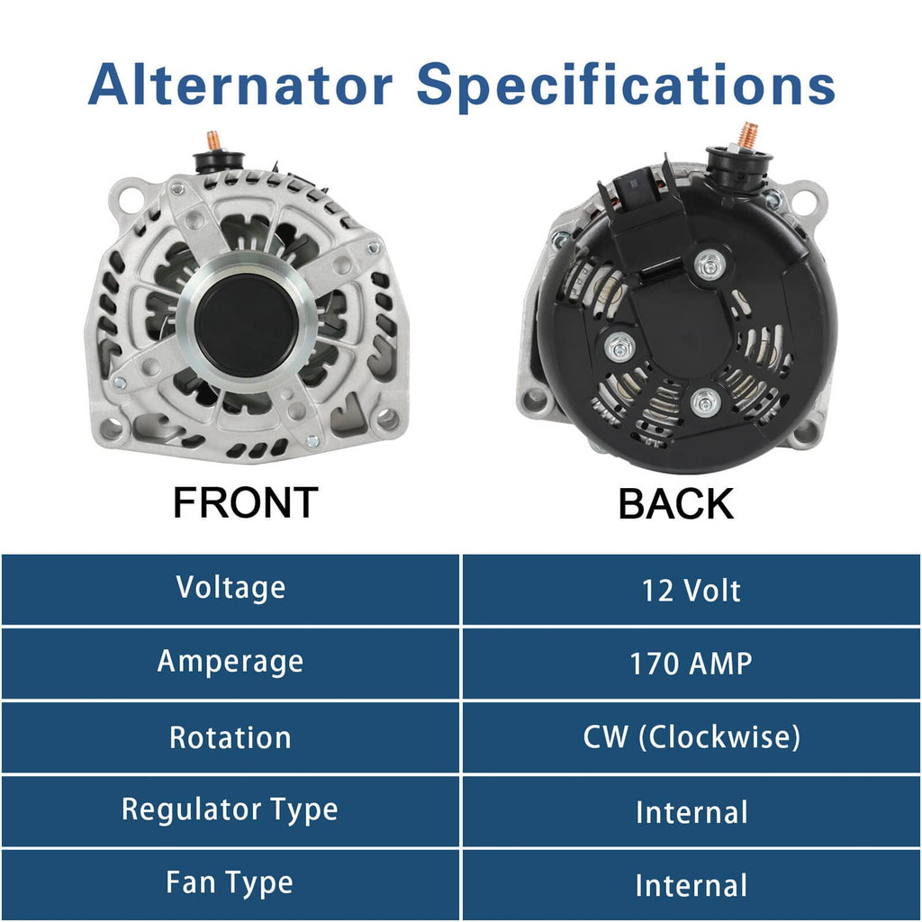 Alternator front and back views, showing silver casing and black rear fan