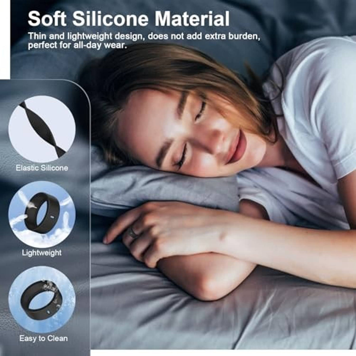 Black silicone ring cover icons indicating elastic, lightweight, easy-clean design