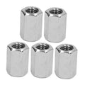 Pack of five stainless hex coupling nuts, shiny silver, M12 thread, 30mm length