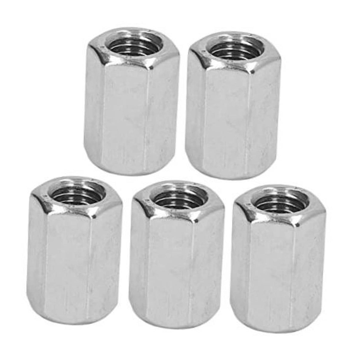 Pack of five stainless hex coupling nuts, shiny silver, M12 thread, 30mm length