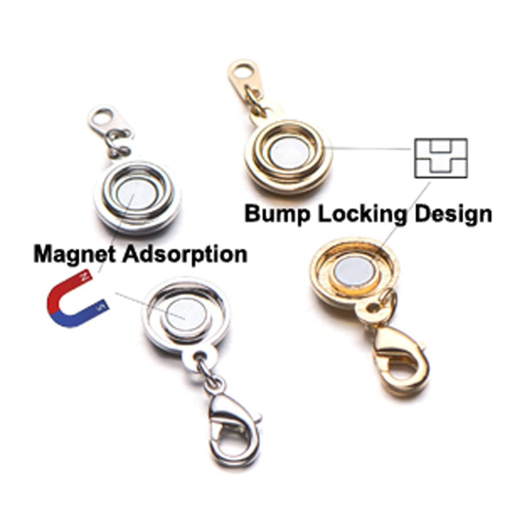 Bump-lock magnetic clasp with round discs, chain links, and lobster-style connector hooks