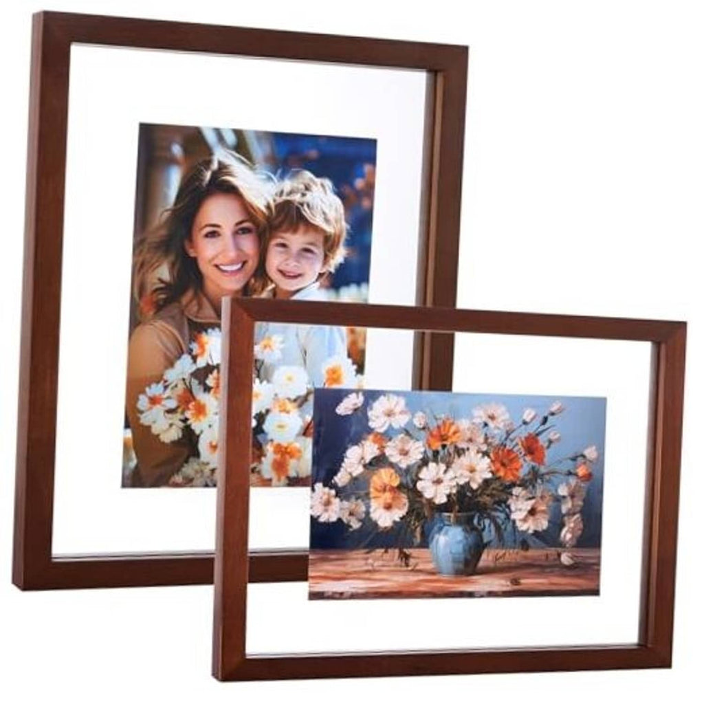 Dark walnut floating photo frame holding two photos, front view