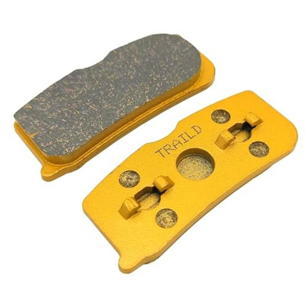 Ceramic brake pad set, gray pads with yellow base plate and metal mounting hardware