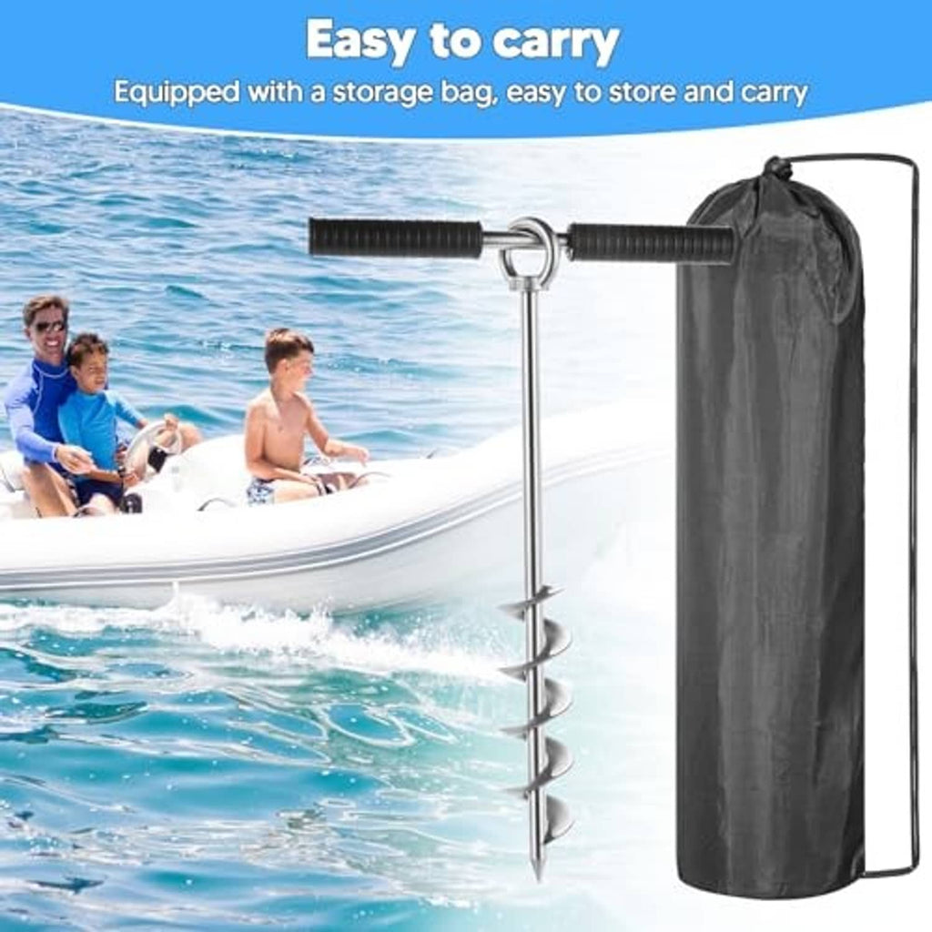 Screw sand anchor with black storage bag for carrying and storing the beach stake