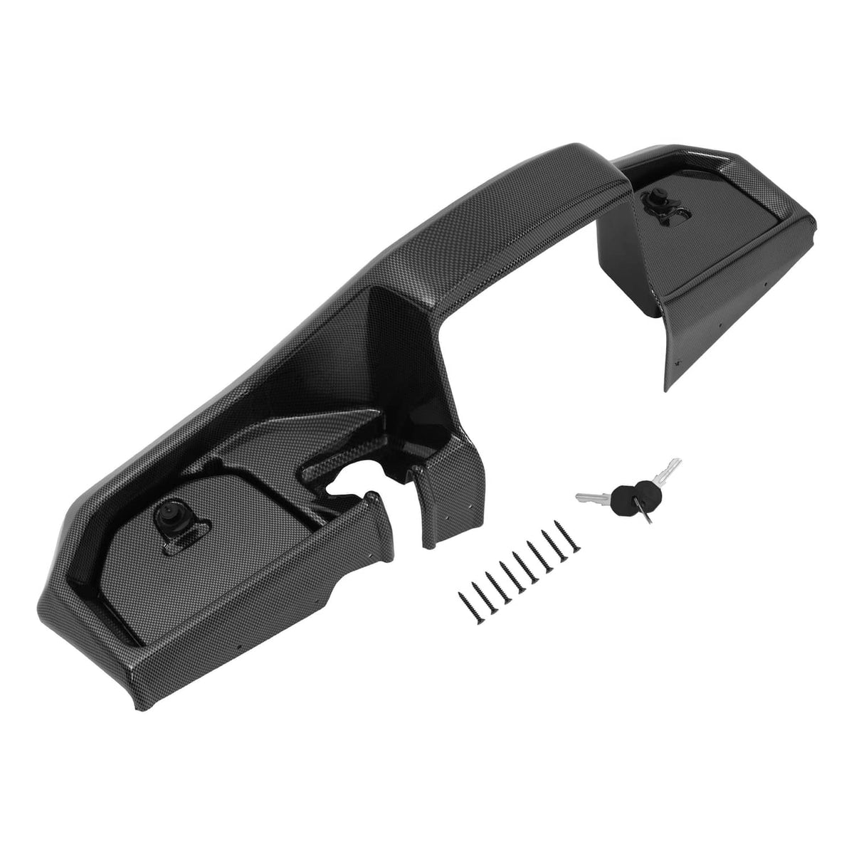 Carbon fiber-style dash cover with dark textured surface, showing key area and mounting screws