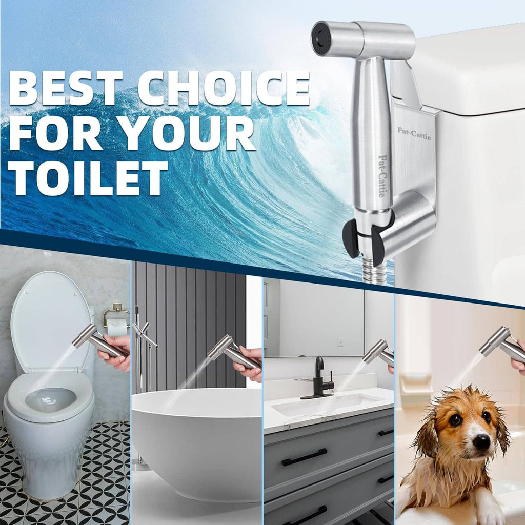 Stainless steel handheld bidet sprayer mounted to toilet tank with trigger handle