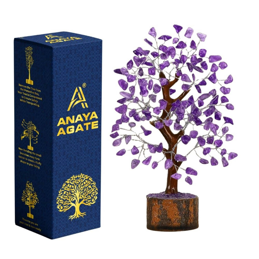 Amethyst crystal gemstone tree with purple gem leaves, silver wire branches, wooden base