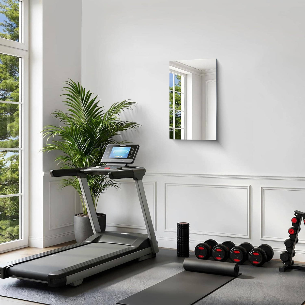Rectangular frameless mirror mounted on wall with clear reflective surface