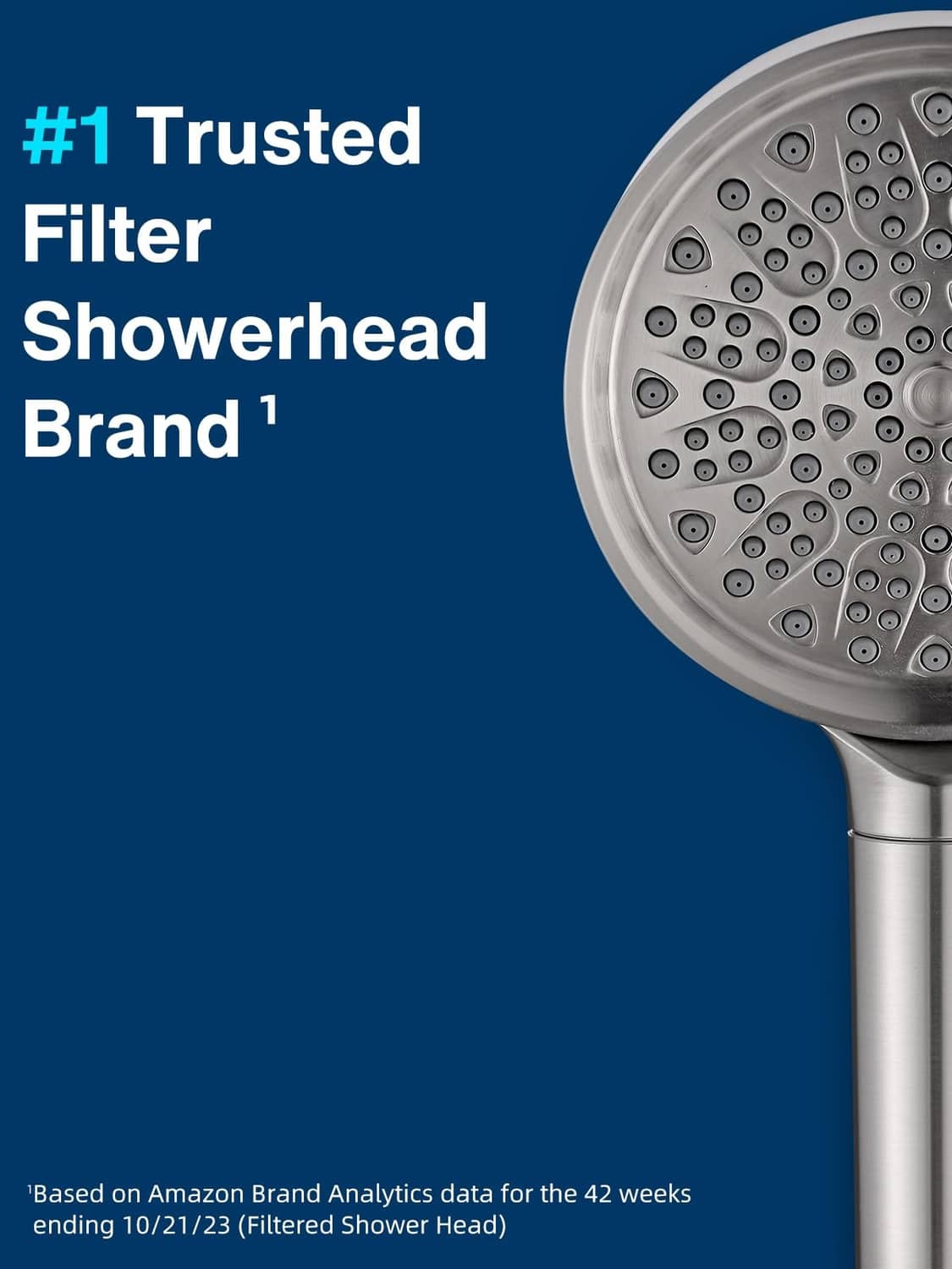 Brushed nickel handheld shower head with round spray face and clustered water nozzles