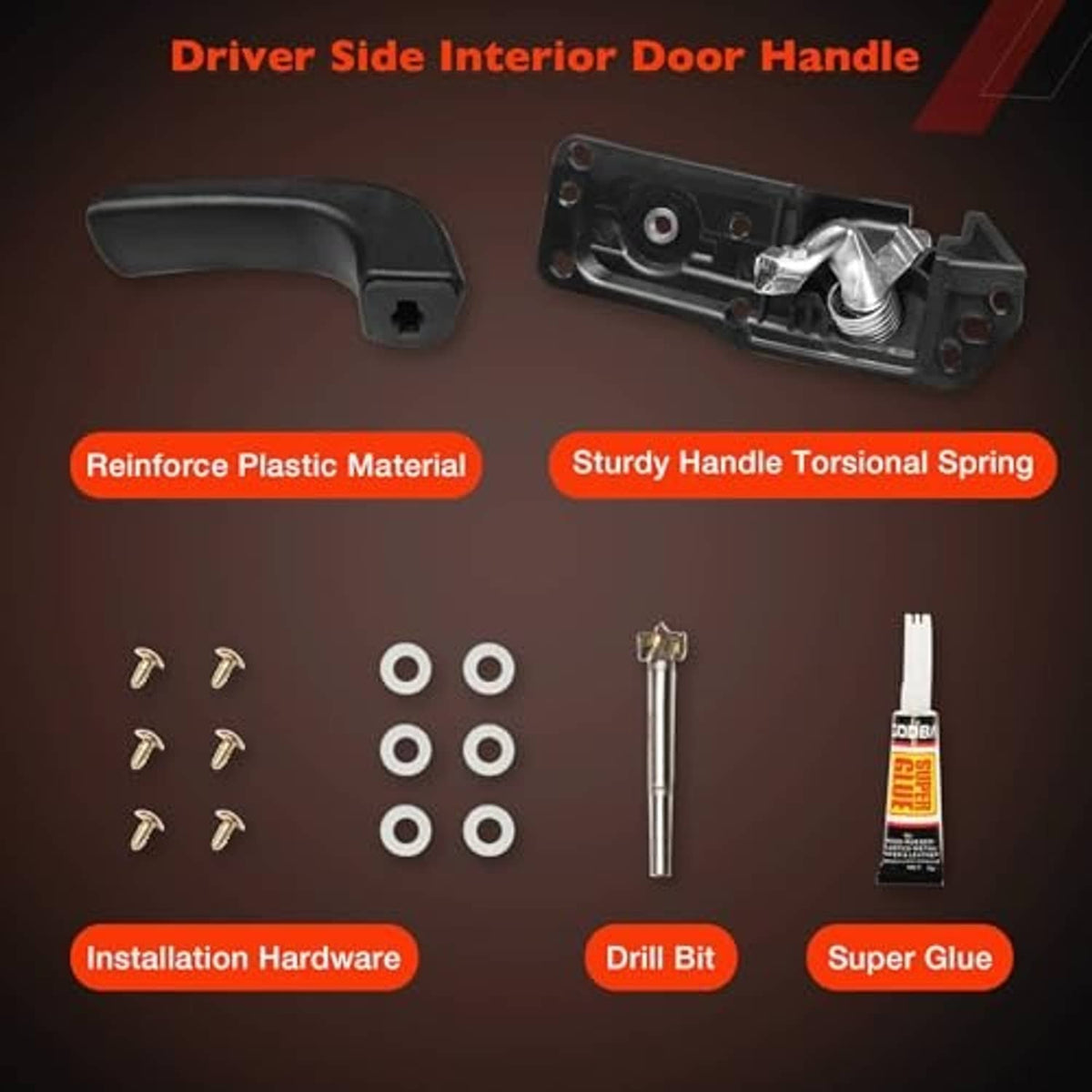 Driver-side interior door handle with mounting hardware pieces for installation