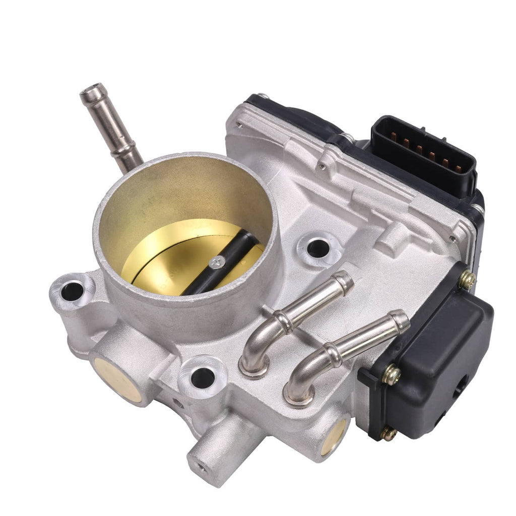 Electronic throttle body close side view with gold bore and black electrical connector
