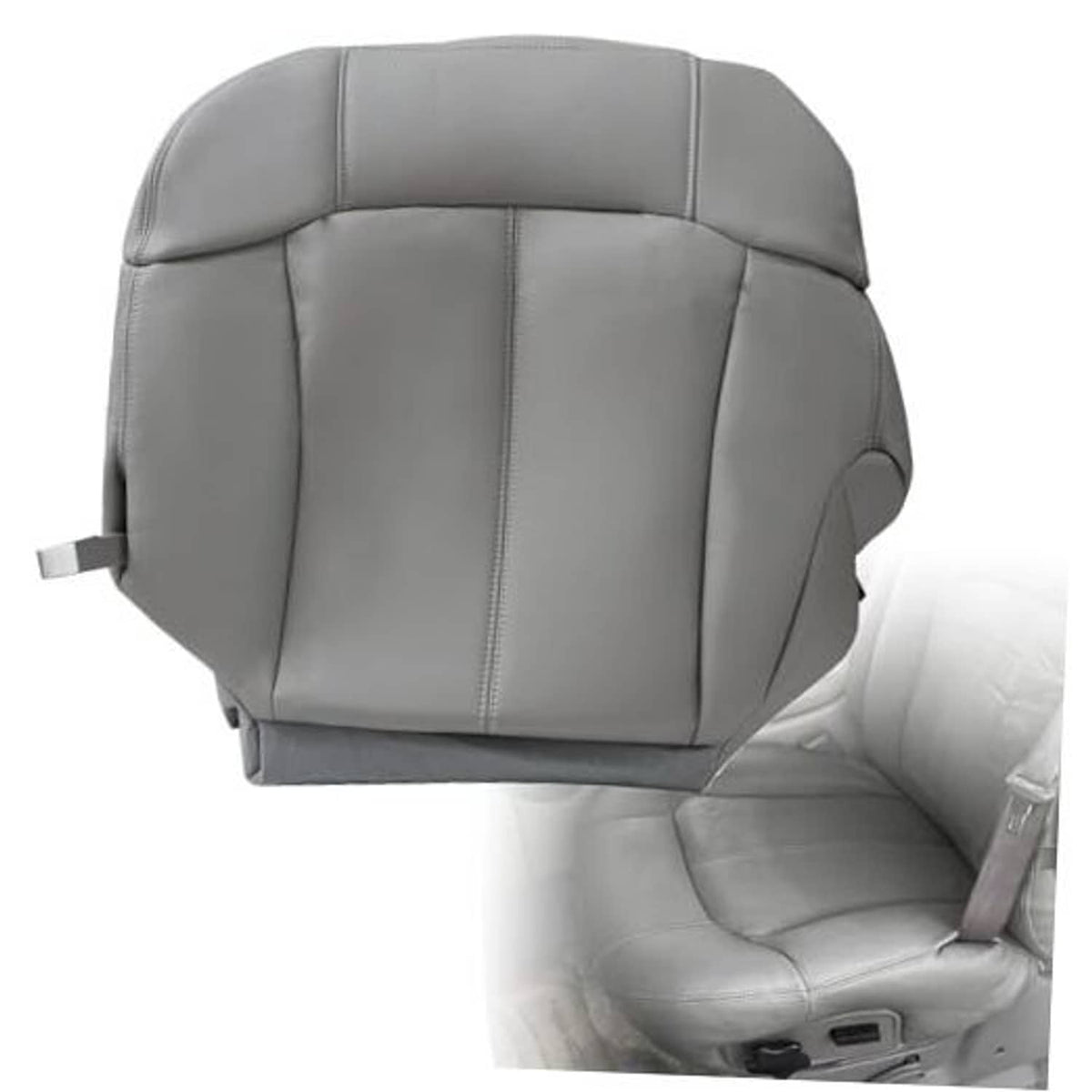Gray leather front seat cover with stitched panels and molded side bolsters.