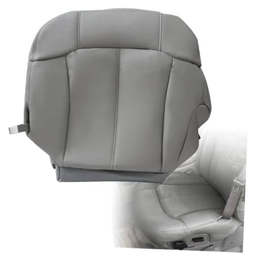 Gray leather front seat cover with stitched panels and molded side bolsters.