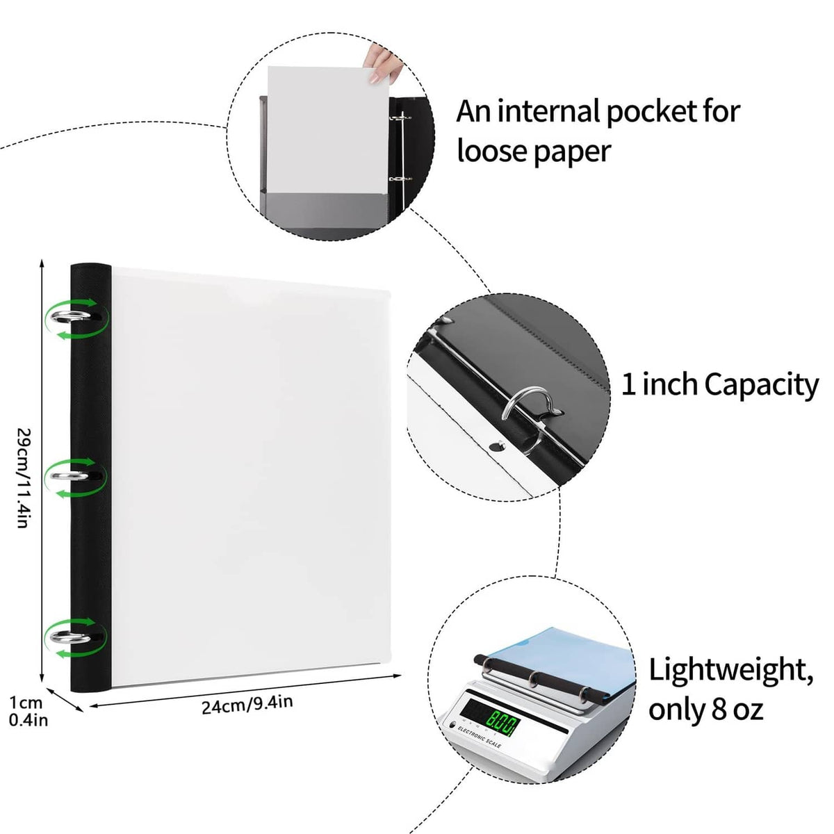 Foldable 3-ring binder with internal pocket and white sheet area, black spine