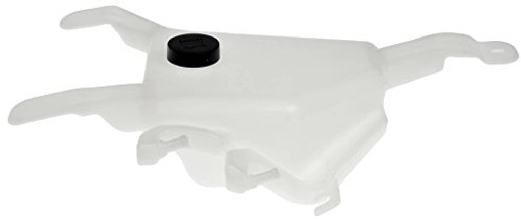 Coolant reservoir with black cap, front mounting arms and outlet opening
