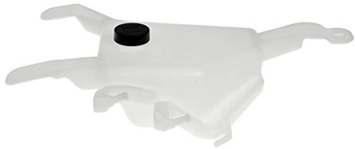 Coolant reservoir with black cap, front mounting arms and outlet opening