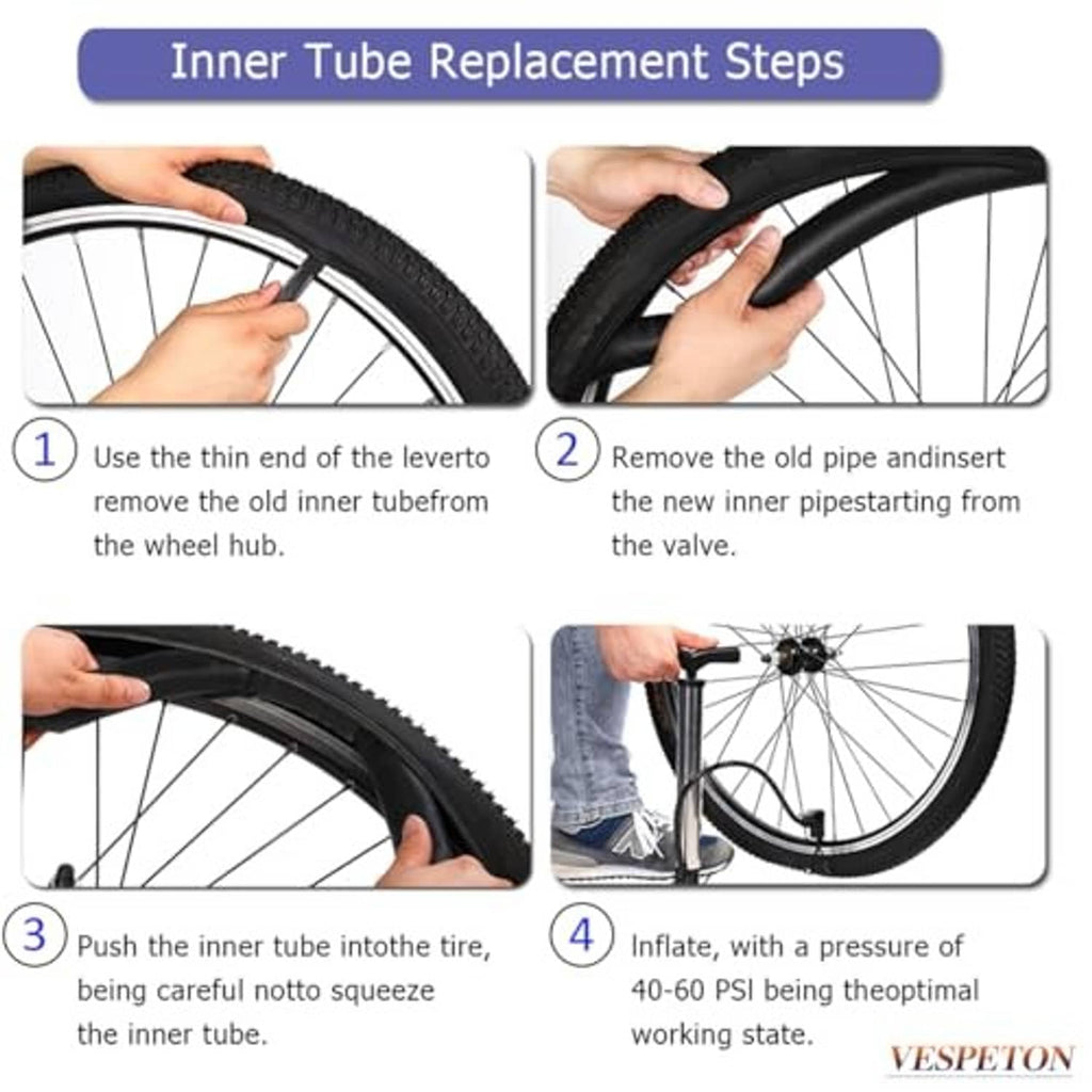 Four-step inner tube replacement sequence with tire lever and valve insertion