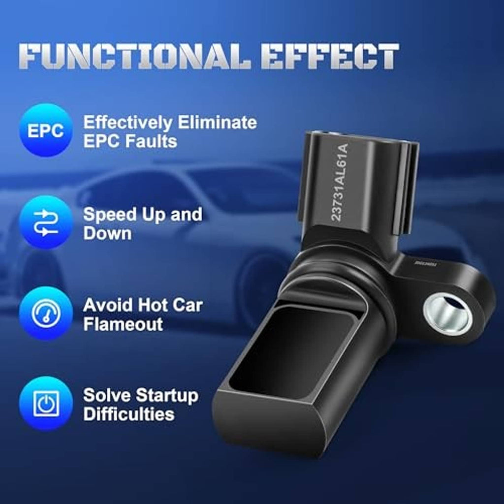 Angled black camshaft position sensor with mounting hole and silver sensor face