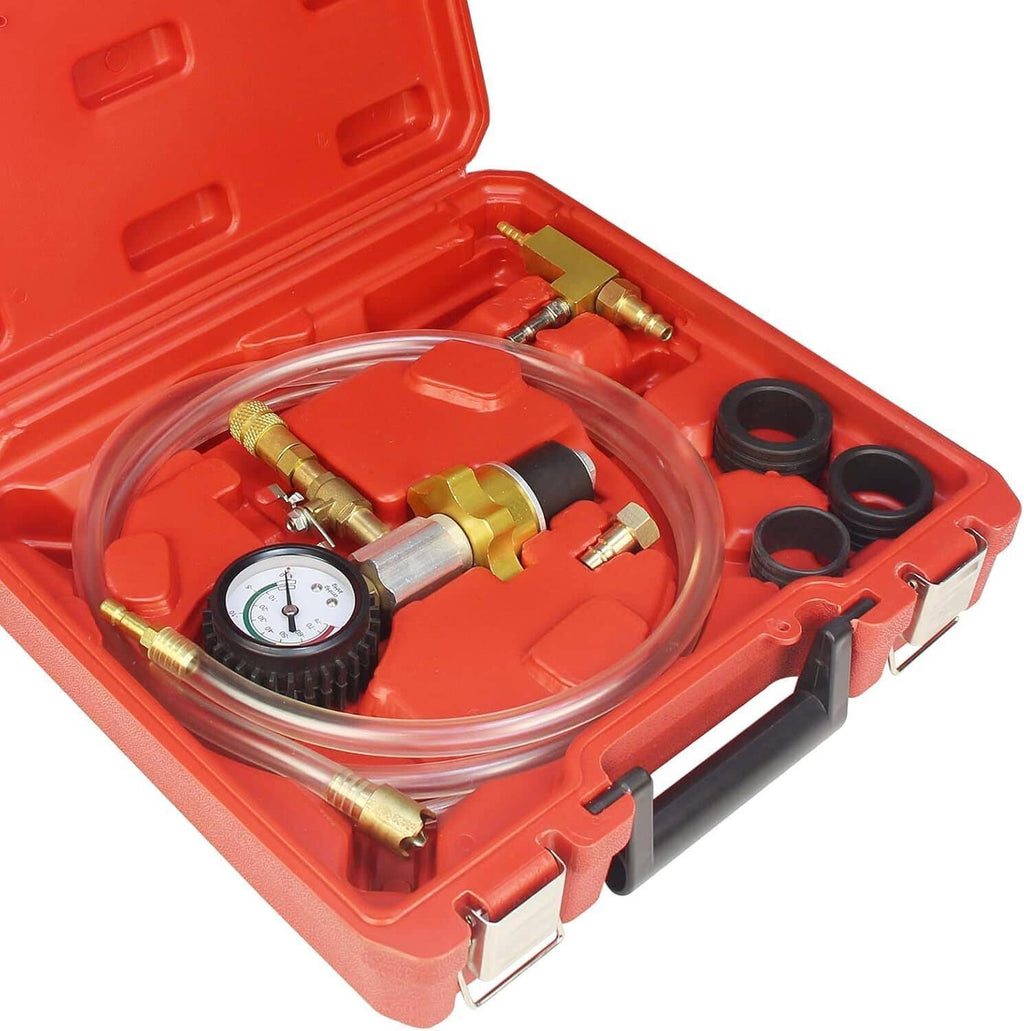 Coolant vacuum kit in red case with pressure gauge, clear hoses, brass fittings