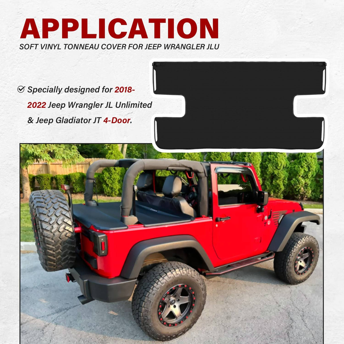 Black soft vinyl tonneau cover installed on a red 4-door Jeep
